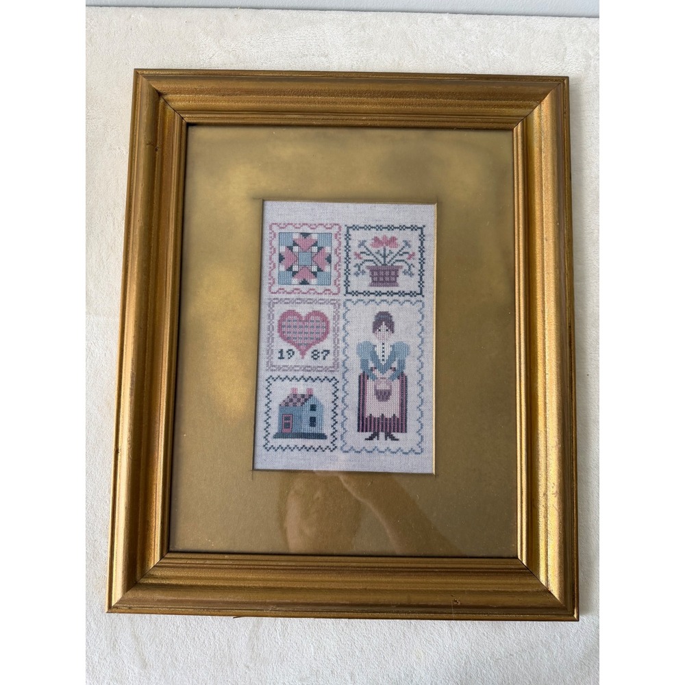 Vintage 1987 Handmade Cross Stitch Sampler Framed Folk Art Colonial Woman House